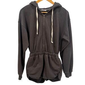 NIA Zip Front Hoodie Romper Charcoal Gray Cinched Waist Shorts Size S Lounge